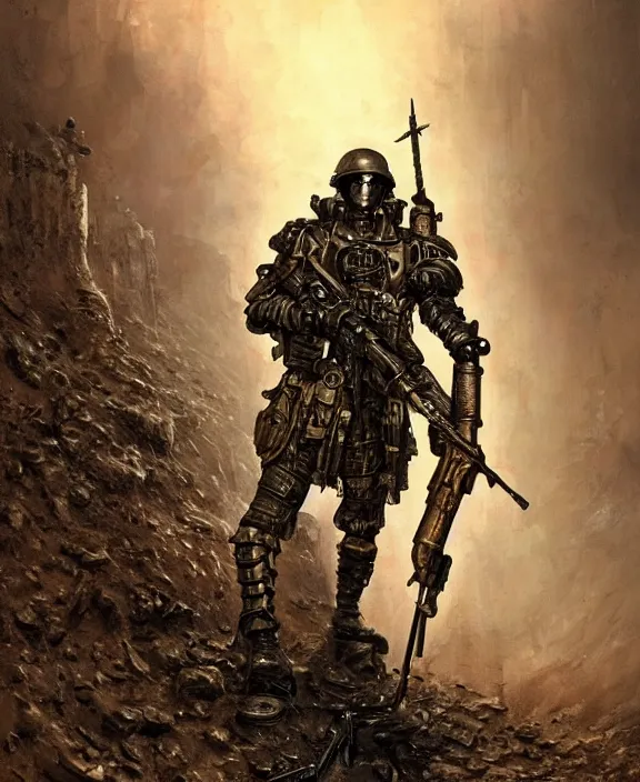 Image similar to a soldier in steampunk armour taking cover from artillery bombardment in a gritty trench, by HR Giger and Beksiński and Stephan Martiniere , 4k resolution, detailed, trending on artstation