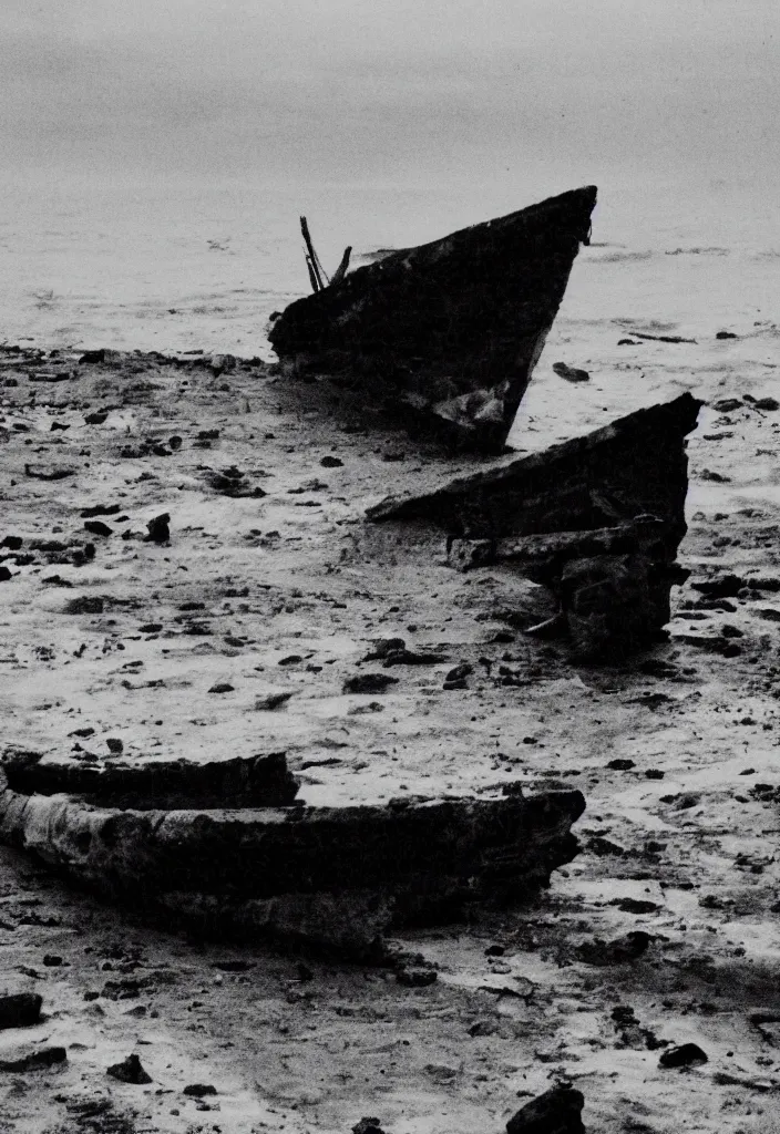 Image similar to the ship of theseus wrecked upon the night's plutonian shore, 35mm photography by Edgar Allan Poe