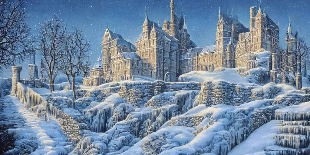 Prompt: Beautiful castle made of snow and ice detailed painting High Quality by Barclay Shaw