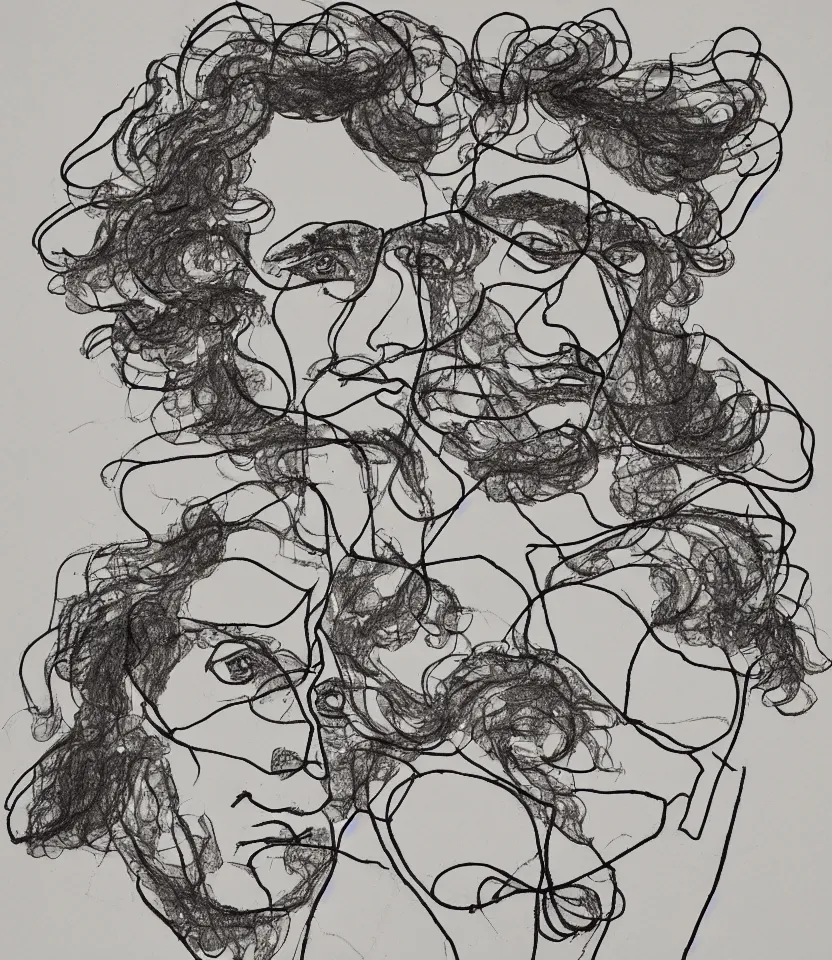 Image similar to minimalist line art portrait of german composer ludwig van beethoven, inspired by egon schiele. contour lines, freestyle twirls and curves, musicality