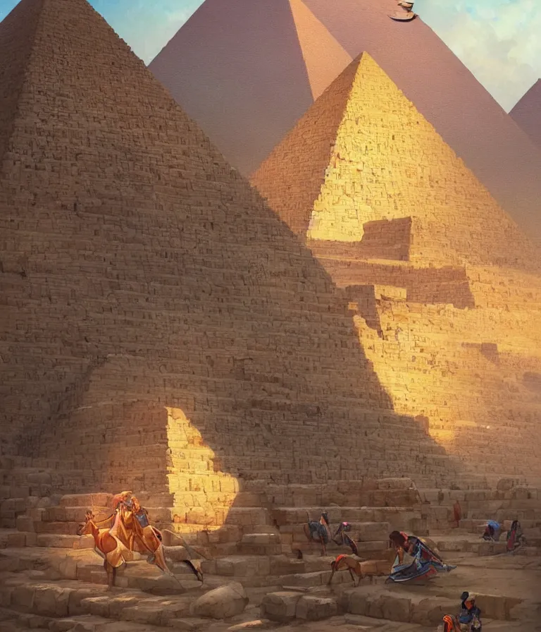 Prompt: pyramids of giza in perfect condition, concept art, stylized, intricate detail, smooth, sharp focus, colourful, arnold rendering, art by artgerm and greg rutkowski and alphonse mucha,