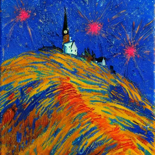 Image similar to oil paint impasto relief, austrian blue mountain with fireworks, multi layered thick brush marks, some splattered paint, in the style of van gogh and redon