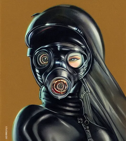 Prompt: highly detailed portrait photo faceshot of a powerful female annihilan, wearing a black dress. her face is covered in a gas mask in a scenic futuristic urban environment. hyperrealistic fashion illustration by boris vallejo and julie bell.