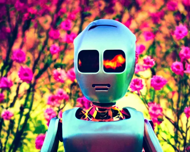 Prompt: oversaturated, burned, light leak, expired film, photo of a robot girl crying crowded by busy flowers