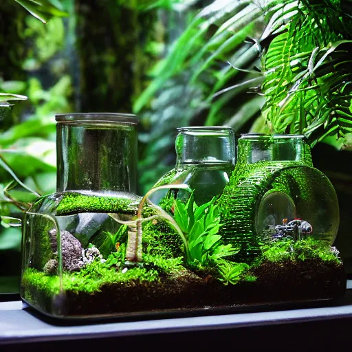 Prompt: terrarium worlds made of lush rainforests in mccartney bottles 8 k /