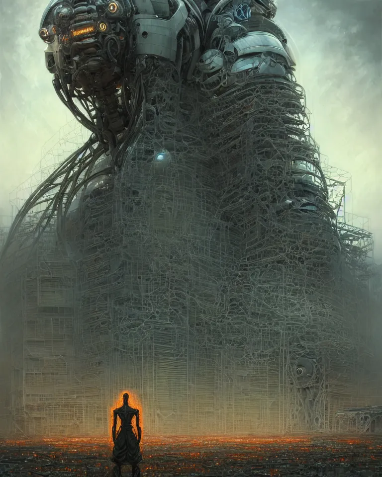 Image similar to low angle shot of a giant cyberpunk robot character in chernobyl, intricate, elegant, highly detailed, centered, digital painting, artstation, concept art, smooth, sharp focus, illustration, artgerm, tomasz alen kopera, peter mohrbacher, donato giancola, joseph christian leyendecker, wlop, boris vallejo