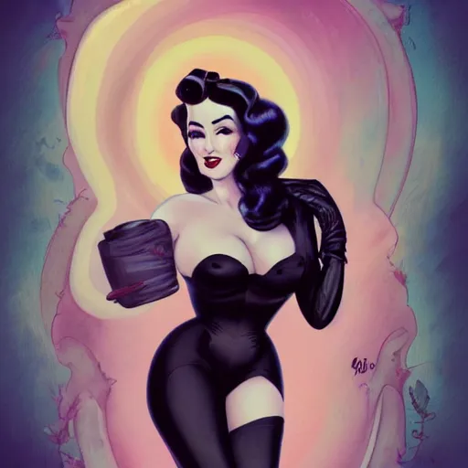 Image similar to a pinup illustration of dita von teese in the style of anna dittmann and in the style of alex maleev.