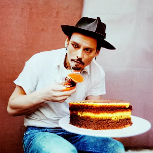 Prompt: johnny depp eating orange cake coloured film photography, 5 0 mm film