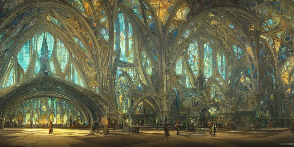 Prompt: a futuristic cathedral underwater, photorealistic, people, fishes, light rays from above the surface, realistic paint, specular light, high contrast, highly detailed, 4k, shallow depth of field, cinematic light, concept art, artstation, art by Enrich Victor, Alphonse Mucha