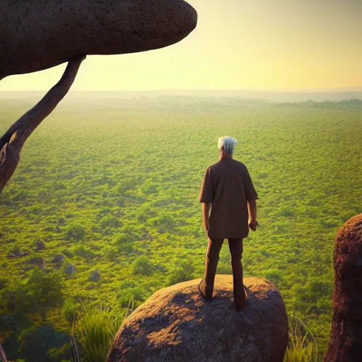 Image similar to old man standing on a rock overlooking the savanna, high detailed, super high resolution, realistic, concept art, artistic, octane render, masterpiece fine details