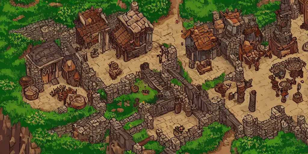 Image similar to A high detailed vector art presenting an aerial view of a cartoonish RPG tavern by dungeondraft, dofus, Patreon content, containing tables and walls, HD, straight lines, vector, grid, dnd map, map patreon, fantasy maps, foundry vtt, fantasy grounds, aerial view ,dungeondraft , tabletop, inkarnate, dugeondraft, roll20