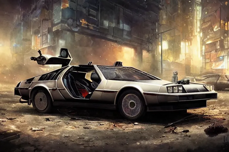 Image similar to highly detailed photograph of a delorean parked on the streets of a cyberpunk abandoned city, doors are open, by greg rutkowski and stanley artgerm and alphonse mucha, octane, sharp focus, hyperrealistic, masterpiece