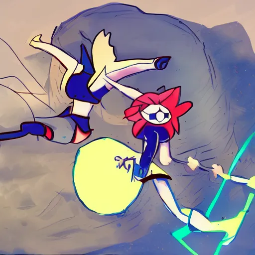 Prompt: A digital painting of Undyne suplexing a boulder for fun while Frisk, sans, and Papyrus watch in shock.