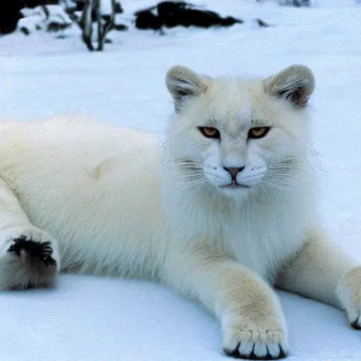 Prompt: big white panter, white paws and very long fur