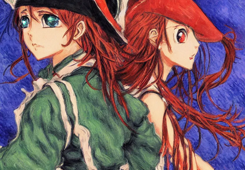 Image similar to wide angle close - up painting of a female pirate, a thrifty uniform, somewhat of an anime in impressionist style, trending artwork, illustrated in anime painter studio, by claude monet and an anime artist, collaboration