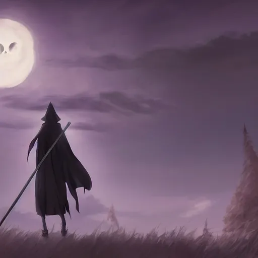 Image similar to 3 d studio ghibli style grim reaper, in beautiful night sky background, anatomical skeleton, in black hood, silver scythe, concept art, beautiful, anime style, octane render, cycles, high definition, night lighting