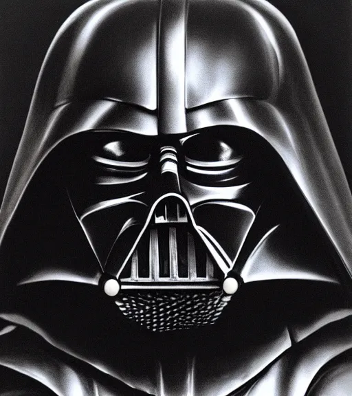 Image similar to black-and-white portrait of Darth Vader by H. R. Giger; extraordinary-masterpiece; realistic-lighting