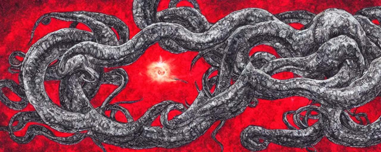 Prompt: mixed media art of a giant elder kraken covered in red lightning in the middle of a giant whirlpool