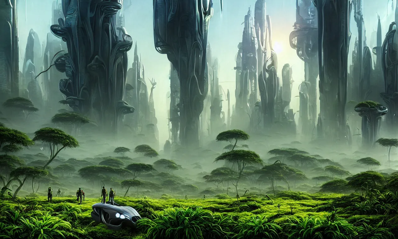 Prompt: Beautiful matte painting of alien jungle landscape with futuristic city at the horizon, futuristic scifi hangar at the back, futuristic scifi city skyscrapers at the back, noon, sunlight, bright, lush foliage, grass and greenery in front, by Jeremy Geddes, DOFRESH, craig mullins, WLOP, Yintion J - Jiang Geping, Marc Simonetti, artstation, conceptartworld, concept art, cyberpunk