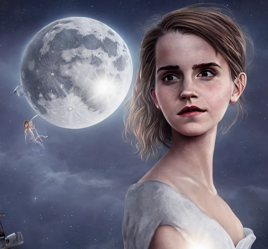 Image similar to hyper realistic portrait of emma watson on the moon, cinematic, artstation, cgsociety, full body