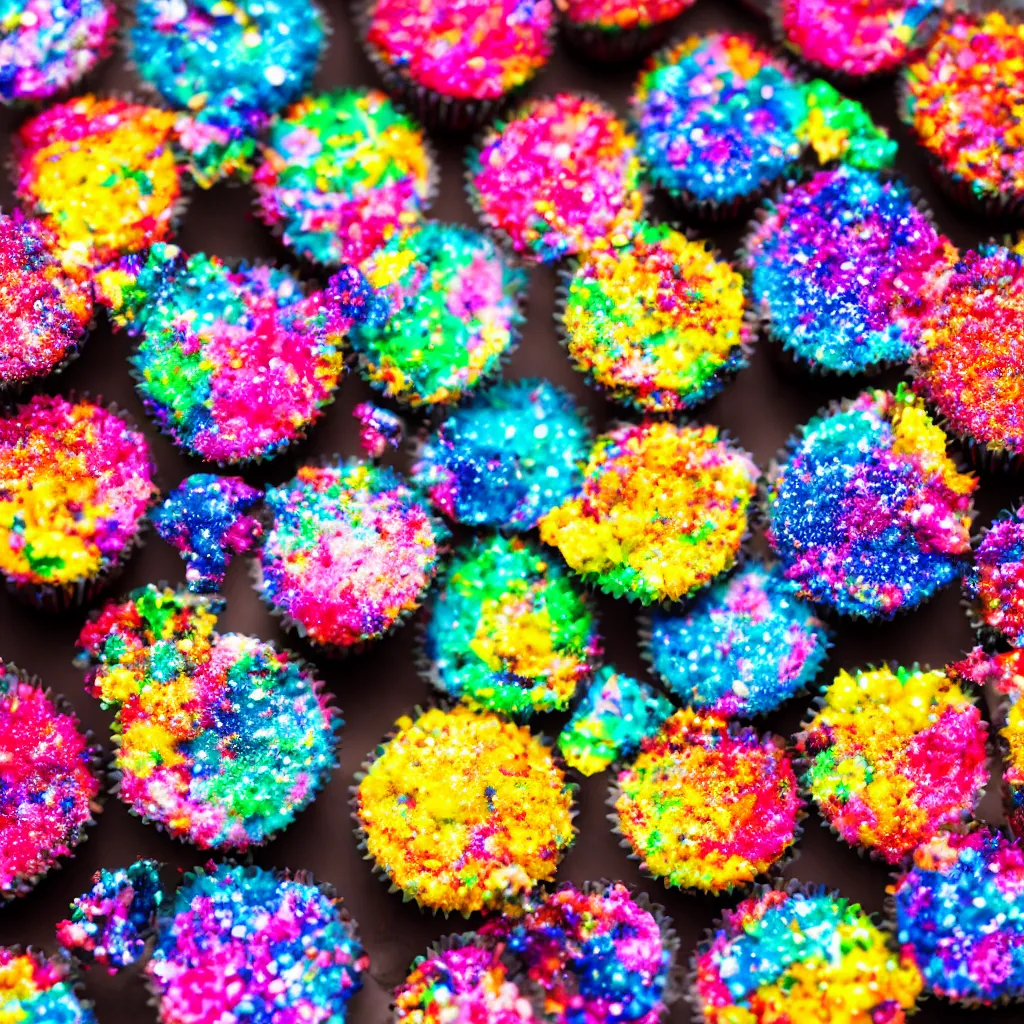 Prompt: colourful macro photo of galaxy cupcakes, photorealistic, dynamic lighting, bokeh, Zeiss 100mm lens