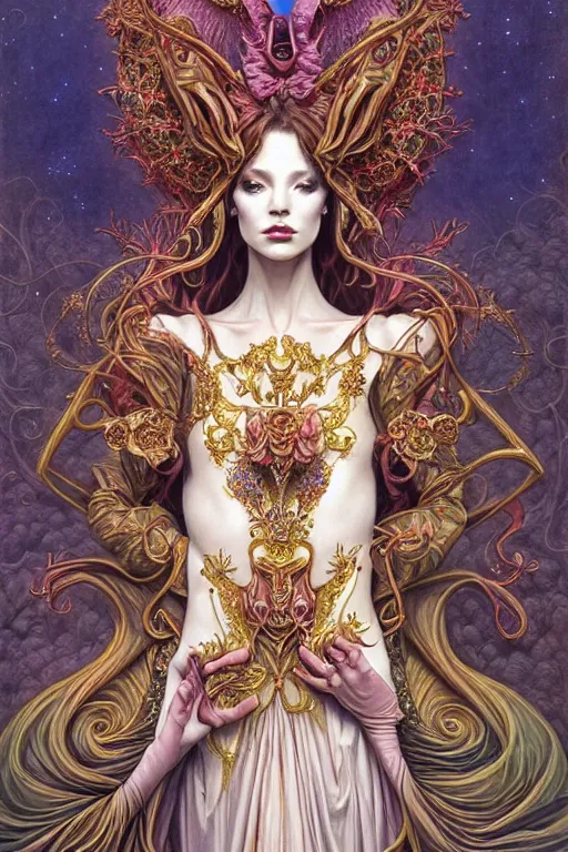 Image similar to symmetrical painting, a fullbody portrait of an beautiful female immortal in amazing dress, pretty, perfect face, elegant, ornate, luxury, elite, matte painting, by artgrem, by james jean, by brian froud, by wayne barlowe