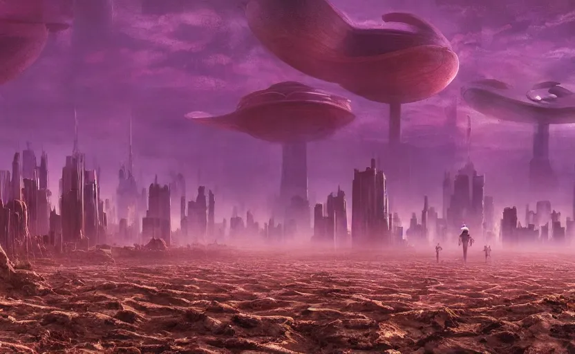 Prompt: matte painting of ant aliens in a desert, science fiction art, city in the skyline, two suns, gloomy, fog, elaborate, detailed digital art, trending in artstation, purple color lighting