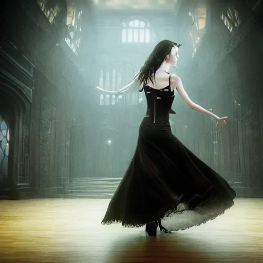 Image similar to digital matte painting of a woman dancing alone in a dark gothic style ballroom, dark dramatic mysterious luis royo, wlop 8 0 mm camera, high detail, hd 8 k