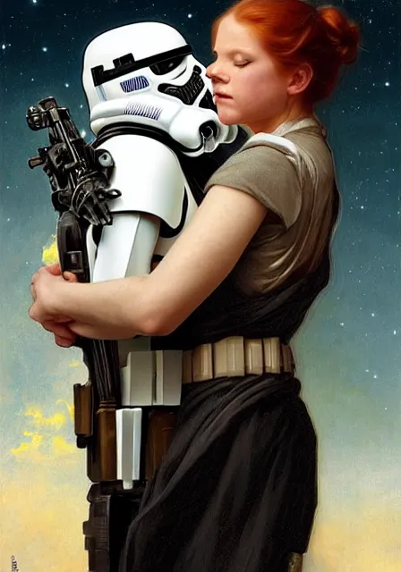 Prompt: a stormtrooper holding a fat ginger cat in his arms, star wars, intricate, elegant, highly detailed, digital painting, artstation, concept art, smooth, sharp focus, illustration, art by artgerm and greg rutkowski and alphonse mucha and william - adolphe bouguereau