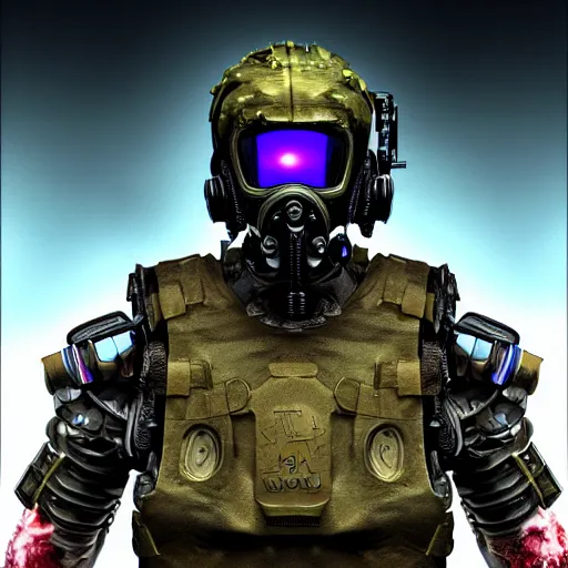 Prompt: a award winning action upper body portrait of nuke zombie with a breathing mask while wearing futuristic bodyarmor and pauldrons, outrun, vaporware, highly detailed, fine detail, intricate