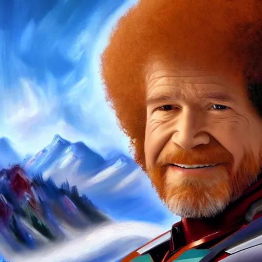 Prompt: a closeup photorealistic photograph of bob ross painting on a canvas painting of iron man. mountain scape. film still, vibrant colors. this 4 k hd image is trending on artstation, featured on behance, well - rendered, extra crisp, features intricate detail, epic composition and the style of unreal engine.