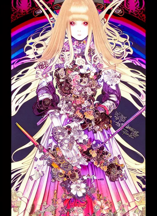 Image similar to artstation highly detailed terada katsuya manga poster of girl mechine, rainbow gradient reflection bloom, ayami kojima, long hair, wapon, armor, dress, laces, ruffles, 8 k, maximalist, alphonse mucha