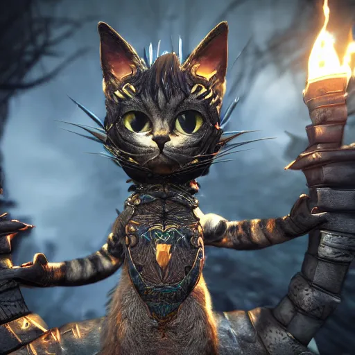 Prompt: a cat as a final boss, artstation hq, dark phantasy, stylized, symmetry, modeled lighting, detailed, expressive, created by hidetaka miyazaki, dark souls 3 screenshot