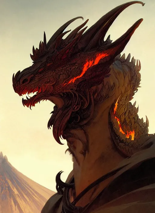 Prompt: ''face portrait furry handsome dragon, volcano landscape, fantasy, d & d, sharp focus, digital painting, art by greg rutkowski and alphonse mucha''