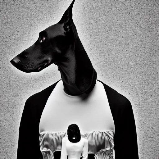 Image similar to fashion photography of model with the head of a doberman, wearing futuristic hip - hop fashion, inside berghain, futuristic fashion, photo 3 5 mm leica, hyperdetail, 8 k, very detailed, black and white