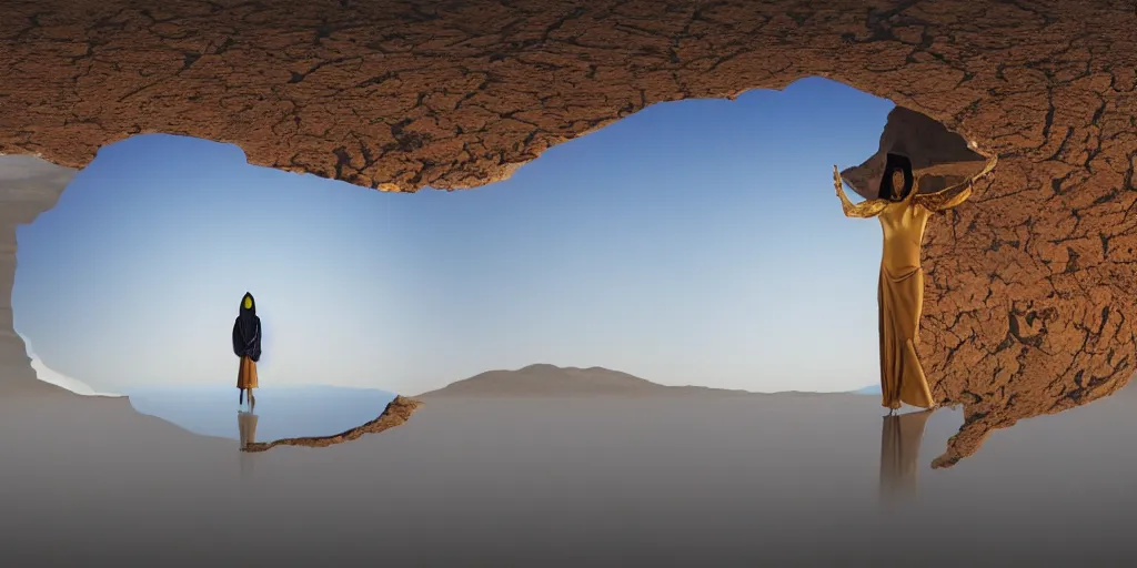 Image similar to levitating woman with full - face golden mask in a dry rocky fractal desert landscape, visible sky and sunny atmosphere, fata morgana and giant square infinite mirrors by alejandro jodorowsky, anamorphic lens, kodakchrome, practical effects, masterpiece, 8 k