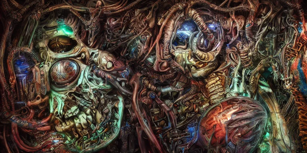 Image similar to dreamscape, giger, vivid colors, colorful, anatomical, highly detailed sculpture, intricate detailed, ommatidia, 8 k, cinematic atmosphere, post - processing
