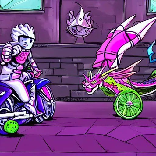 Image similar to a pet dragon, sprites driving motorbikes, and purple magic from a staff