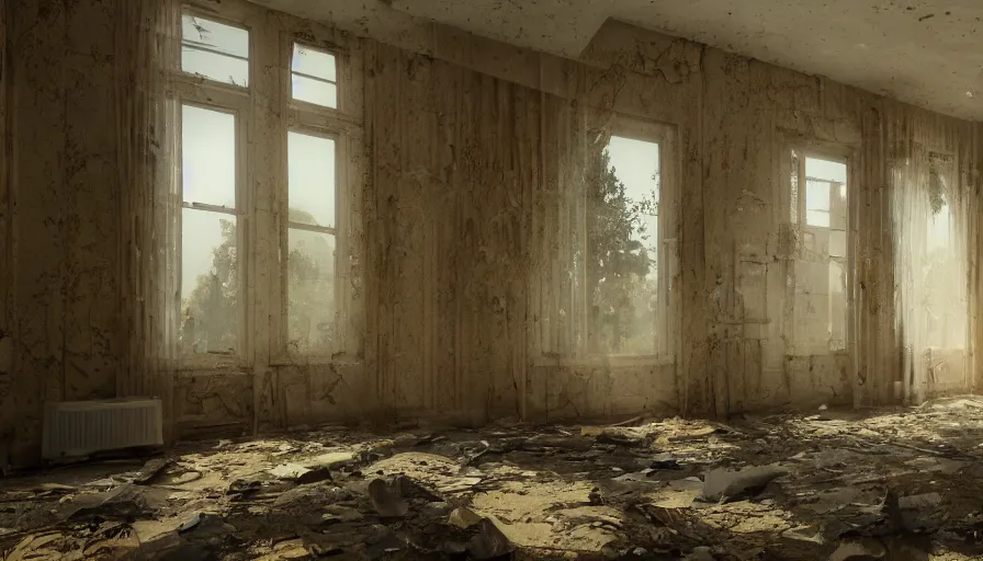 Image similar to abandoned 7 0's manor, dusty furnitures, sunlight through broken dusty windows, curtains floating in the wind, dust particles, old yellowed wallpaper, hyperdetailed, artstation, cgsociety, 8 k