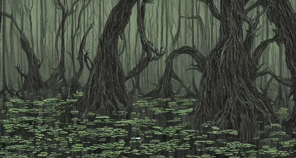 Image similar to A dense and dark enchanted forest with a swamp, by burns jim