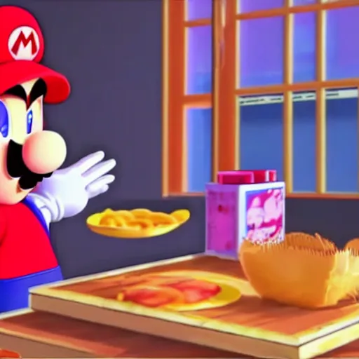 Prompt: super mario in everyday clothes cooking pasta for princess peach, sprite, vaporwave nostalgia, directed by beat takeshi, visual novel cg, 8 0 s anime vibe, kimagure orange road, maison ikkoku, sketch by akira toriyama