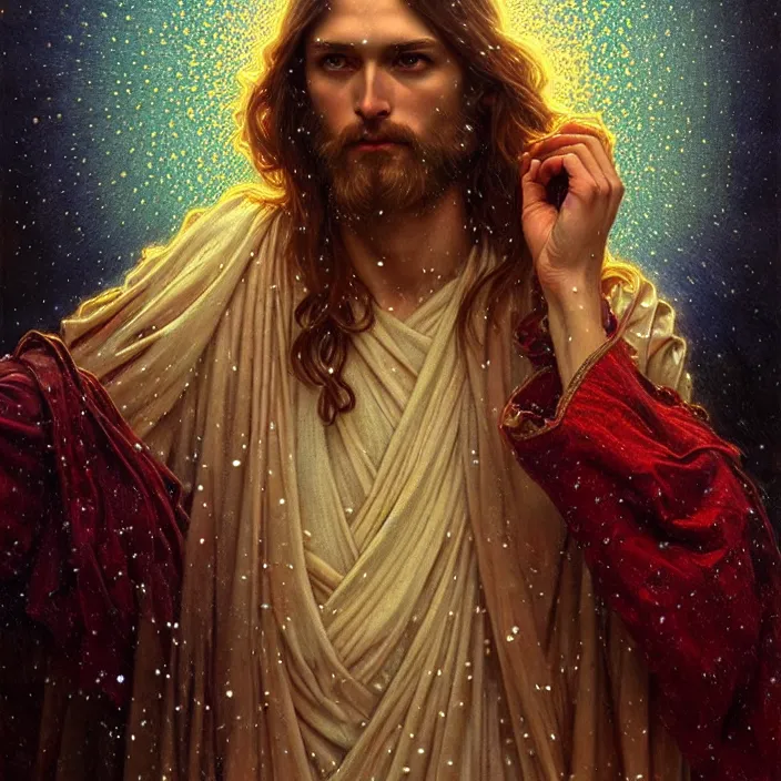 Image similar to psychedelic snowfall Jesus Christ, diffuse lighting, fantasy, intricate, elegant, highly detailed, lifelike, photorealistic, digital painting, artstation, illustration, concept art, smooth, sharp focus, art by John Collier and Albert Aublet and Krenz Cushart and Artem Demura and Alphonse Mucha