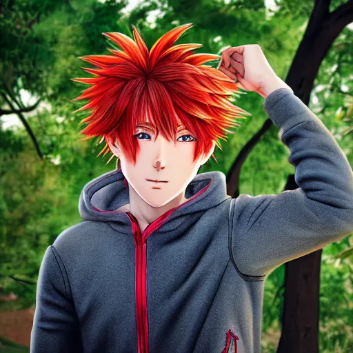 Image similar to red - haired anime boy, 1 7 - year - old anime boy with wild spiky hair, wearing red jacket, standing under tree house in city plaza,, ultra - realistic, sharp details, subsurface scattering, intricate details, hd anime, 2 0 1 9 anime