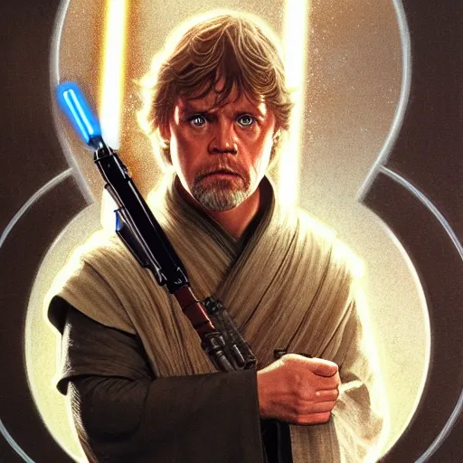 Prompt: luke skywalker grand master jedi from legends books, with the logo of star wars above him little eyes, jedi from star wars, intricate detailed face, artgerm, greg rutkowski, alphonse mucha