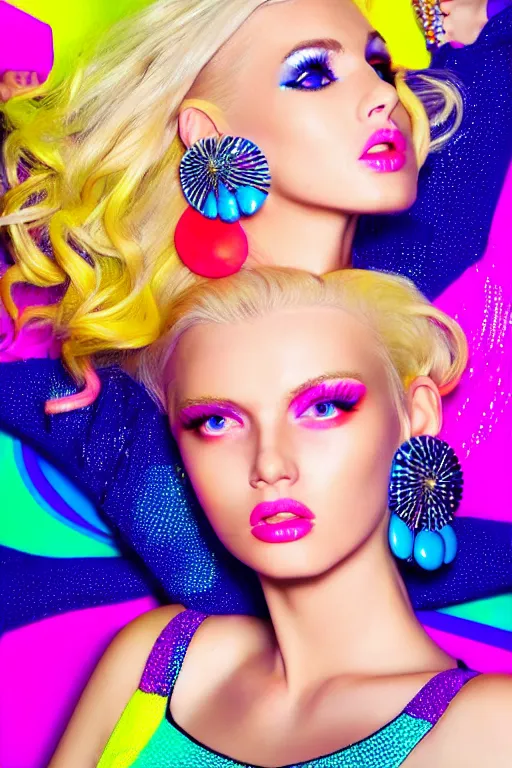 Prompt: Blonde woman with Hollywood wave hairstyle in rave dress, bright colors, rave style, dynamic pose, Big earrings, many details, photo for a magazine, photo for a store, fashion photography, Vogue, cinematic, hyper realism, high detail, 8k, very coherent symmetrical work, perfect face model, full length photo, Upper and lower body, white skin tone, white eyes, photographer style by Nik Night Erik Madigan Hec and Walter Chin and Camilla Akrans and Miles Aldridge