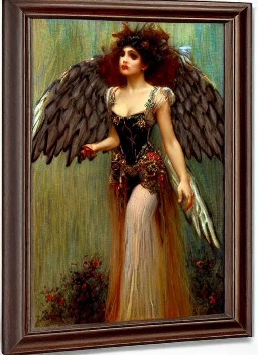 Image similar to vertical prtrait of an angel knight gothic girl, baroque dress. by gaston bussiere