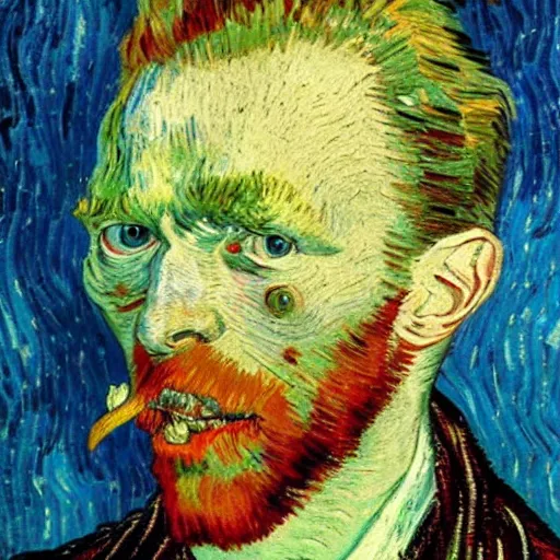 Prompt: van gogh painting of a man with insects in his eyes, bloody face, ugly teeth