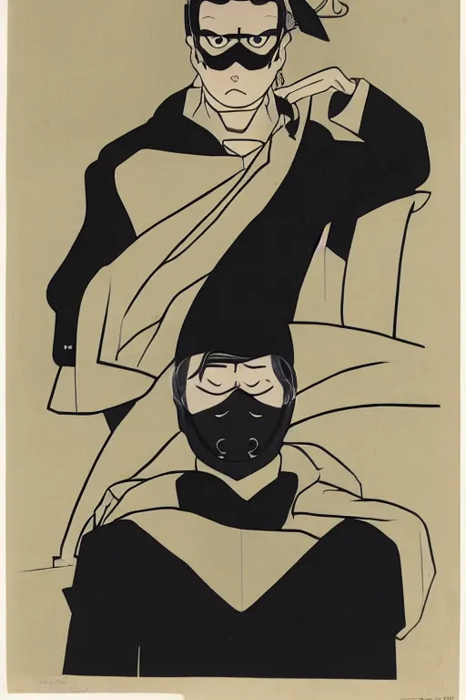 Image similar to portrait of young man wearing black medical mask, style of osamu tezuka