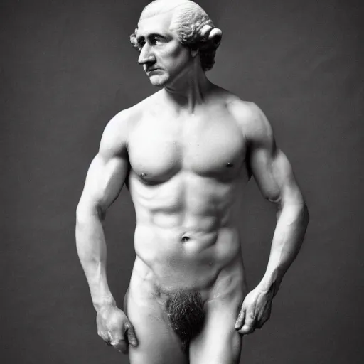 Prompt: a photo of a muscular, shirtless, george washington. professional photo shoot, 8 5 mm lens, f 1. 8.