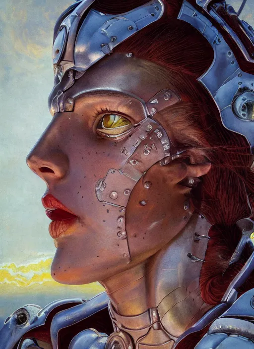 Prompt: symmetry! closeup portrait of a beautiful biblical diabolical agile girl, cyborg armor, in clouds, cinematic studio light! windy, sunset, by gerald brom, by mikhail vrubel, by peter elson, high contrast, muted colors, extreme detail, mirrors! trending on artstation, 8 k